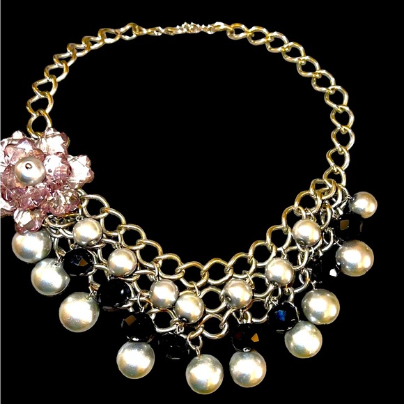 Jewelry Estate Sale Vintage Necklace Black Silver With Pink Acrylic